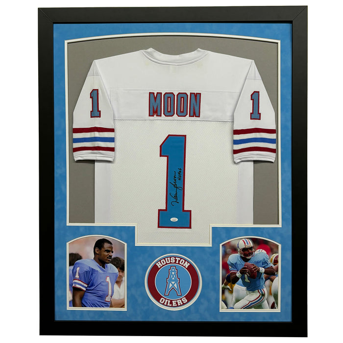 Warren Moon Signed HOF 06 White Custom Suede Matte Framed Jersey