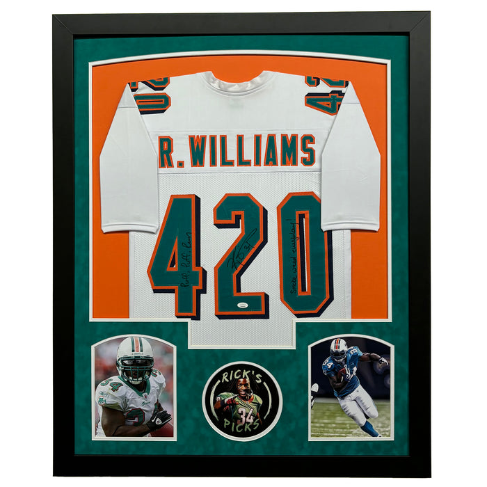 Ricky Williams Signed 420 Miami White Custom Suede Matte Framed Football Jersey