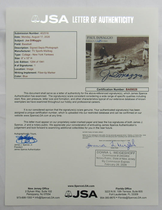 Joe DiMaggio Signed 8x10 Photo JSA BA09028