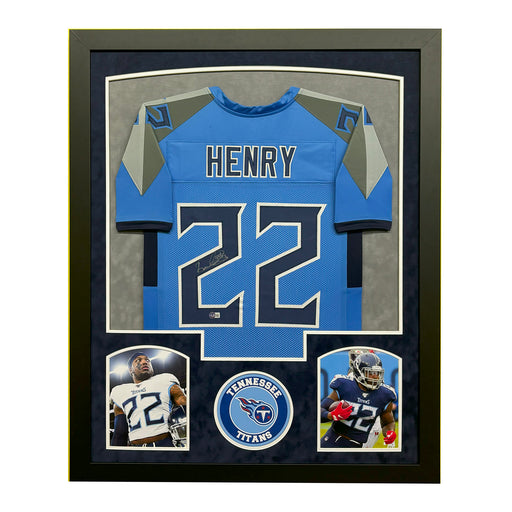 Derrick Henry Signed Tennessee Blue Custom Suede Matte Framed Football Jersey