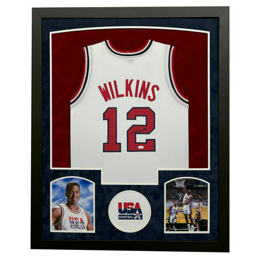 Dominique Wilkins Signed USA White Custom Suede Matte Framed Basketball Jersey
