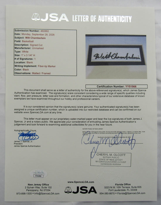 Wilt Chamberlain Signed Framed Cut JSA LOA YY51966