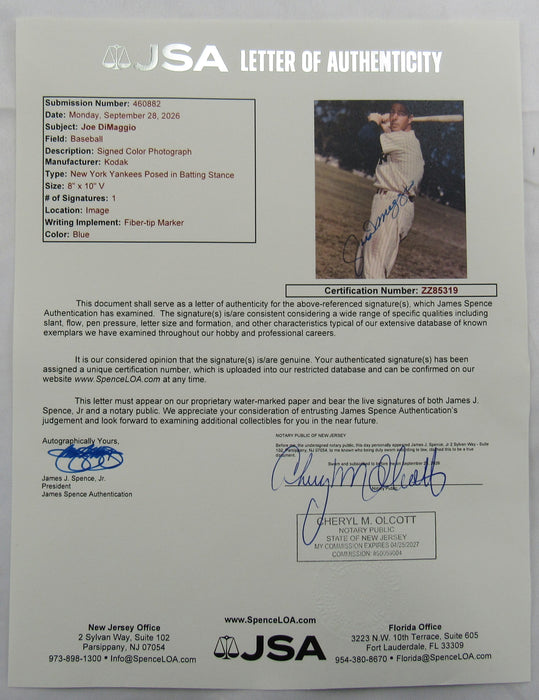 Joe DiMaggio Signed 8x10 Photo JSA LOA YY85319