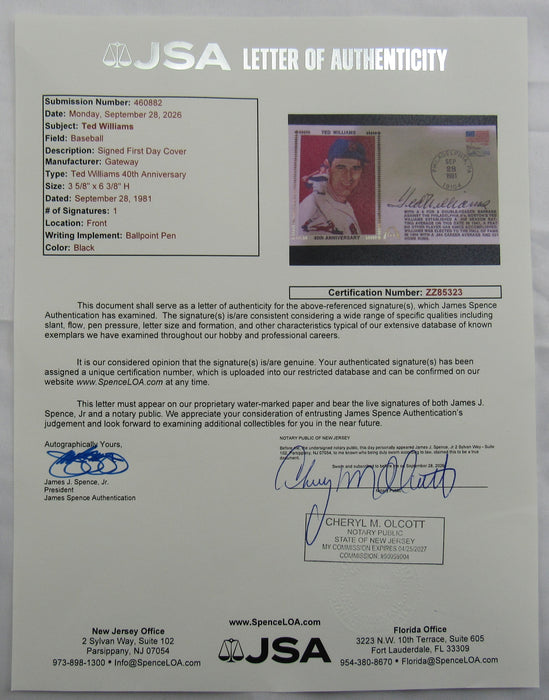 Ted Williams Signed Envelope JSA LOA ZZ85323