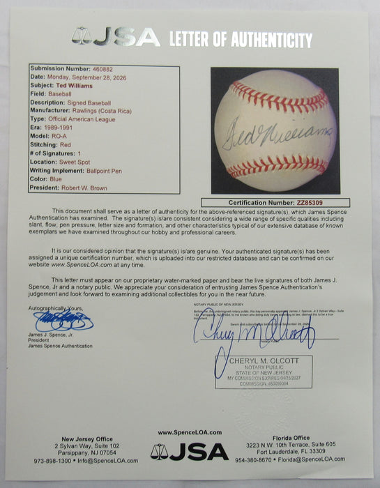 Ted Williams Signed Auto Rawlings Baseball JSA LOA ZZ85309