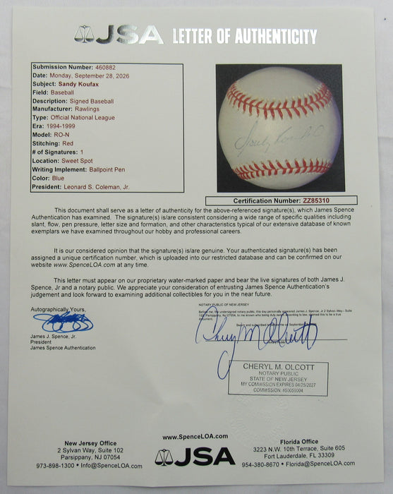 Sandy Koufax Signed Auto Rawlings Baseball JSA LOA ZZ85310