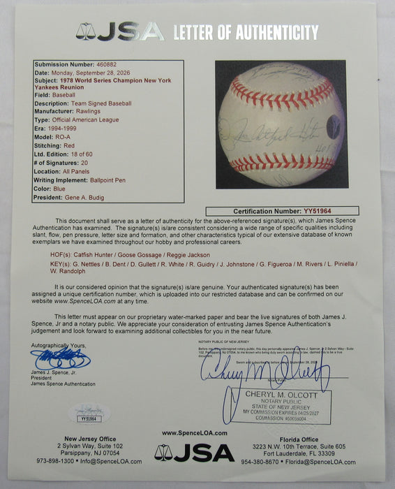 1978 World Series Yankees Signed Auto Rawlings Baseball Reggie Jackson Goose Gossage Catfish Hunter +17 JSA LOA YY51964