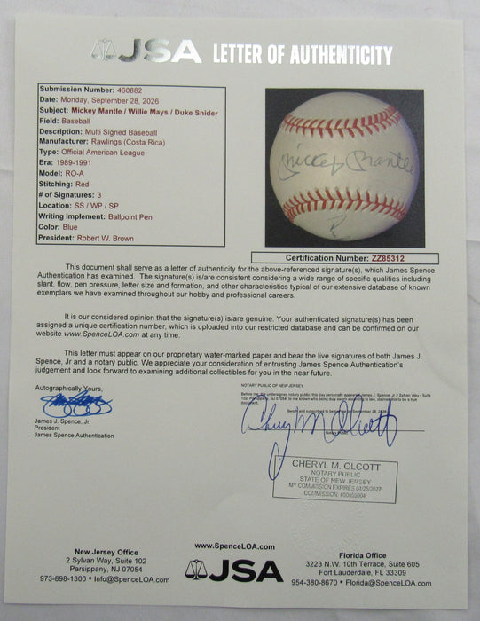 Mickey Mantle Willie Mays Duke Snider Signed Auto Rawlings Baseball JSA LOA ZZ85312
