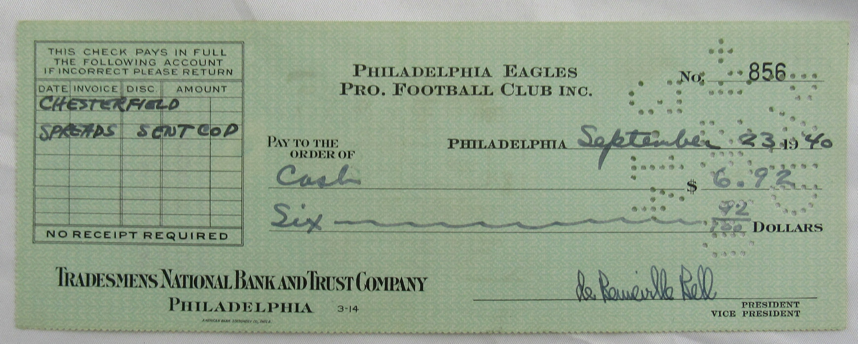 Bert Bell Multi Signed Auto Eagles Check JSA CM07467