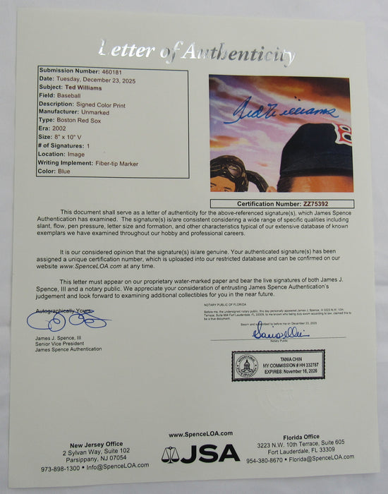 Ted Williams Signed Auto 8x10 Photo JSA LOA ZZ75392