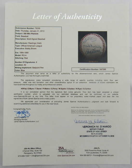 300 Wins Club Signed Rawlings Baseball JSA LOA X47280 - 8 Signatures