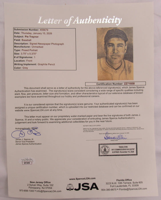 Pie Traynor Signed Auto Newspaper Photograph JSA LOA ZZ71858