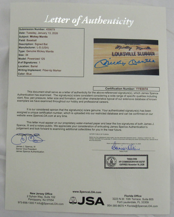 Mickey Mantle Signed Rawlings Auto Baseball Bat JSA YY83074