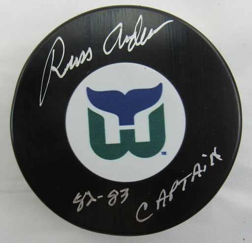 Russ Anderson Signed Whalers Logo Hockey Puck w/ Insc Beckett Hologram