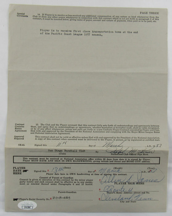 Ralph Kiner Signed Auto Contract JSA CF42580