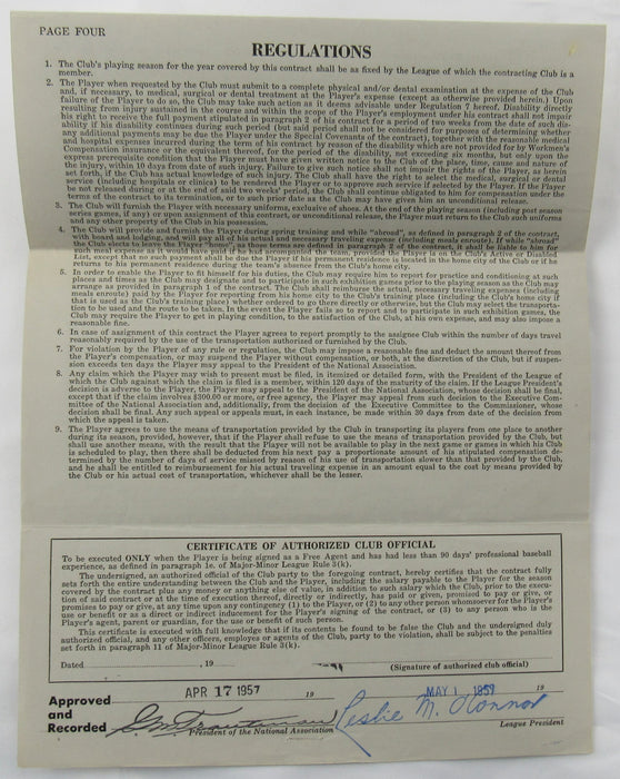 Ralph Kiner Signed Auto Contract JSA CF42580