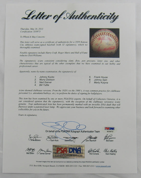 Joe Morgan Dick Williams Roger Maris +29 Signed Auto 1959 Athletics Team Signed Baseball PSA/DNA LOA S10973