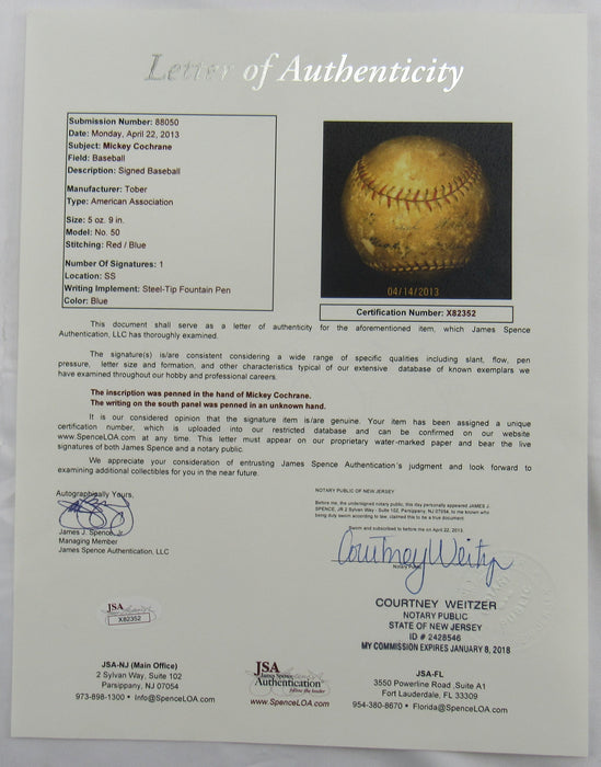 Mickey Cochrane Signed Auto Baseball JSA LOA X82352