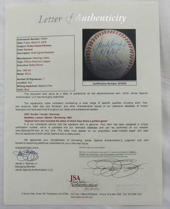 Sandy Koufax Jim Hunter Jim Bunning +4 Signed Auto Baseball JSA LOA B76924