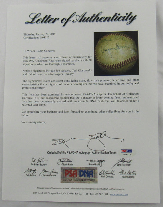 Rogers Hornsby Ted Kluszewski Earle Brucker Sr +17 1952 Reds Team Signed Auto Baseball PSA/DNA LOA W08112
