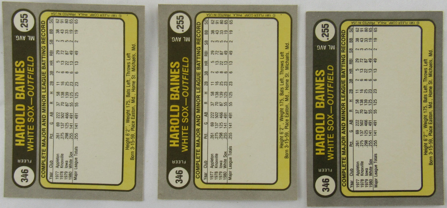 1981 Fleer Harold Baines Baseball Card Lot - 3 Total - Blackless Printing Error...