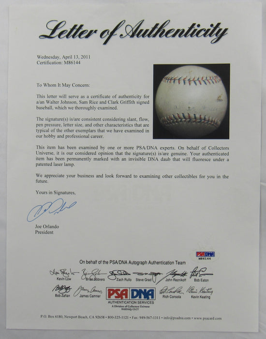 Walter Johnson Sam Rice Clark Griffith Signed Auto Baseball PSA/DNA LOA M86144