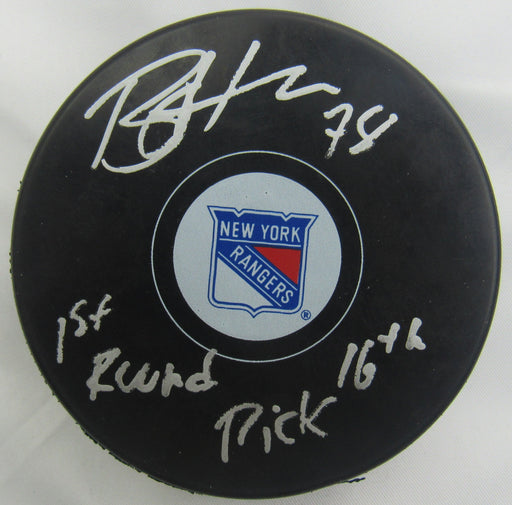 Brennan Othmann Signed Auto Rangers Puck w/ Insc JSA CF42659