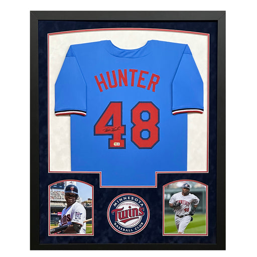 Torii Hunter Signed Minnesota Blue Custom Suede Matte Framed Baseball Jersey (Beckett)