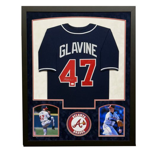 Tom Glavine Signed Atlanta Navy Custom Suede Matte Framed Baseball Jersey (JSA)