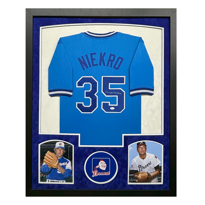 Phil Niekro Signed Atlanta Blue Custom Suede Matte Framed Baseball Jersey (JSA)