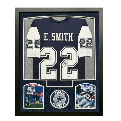 Emmitt Smith Signed Dallas Custom Navy Suede Matte Framed Football Jersey (Beckett)