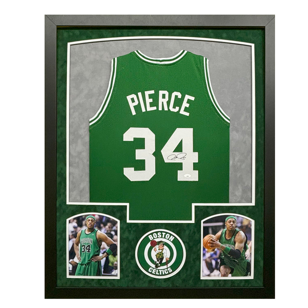 Paul Pierce Signed Boston Green Custom Suede Matte Framed Basketball Jersey (JSA)
