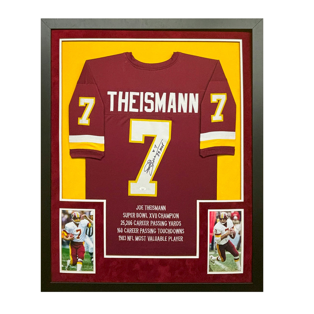 Joe Theismann Signed Washington Maroon Stat Custom Suede Matte Framed Football Jersey ()