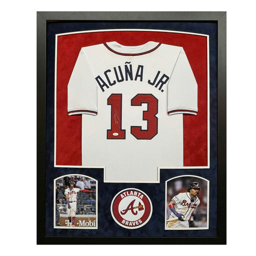Ronald Acuna Jr Signed Atlanta White Custom Suede Matte Framed Baseball Jersey (JSA)