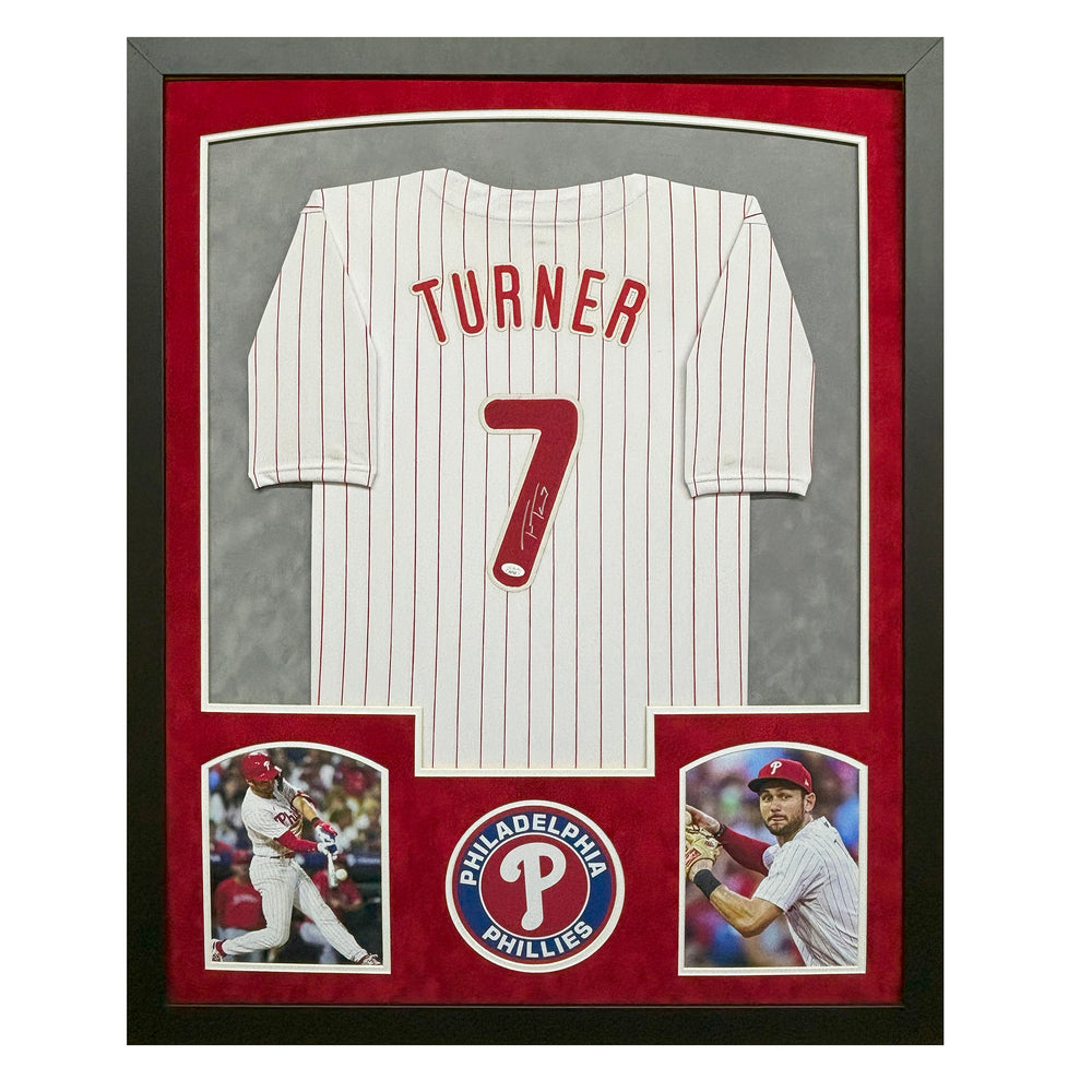 Trea Turner Signed Philadelphia Pinstripe Custom Suede Matte Framed Baseball Jersey (JSA)