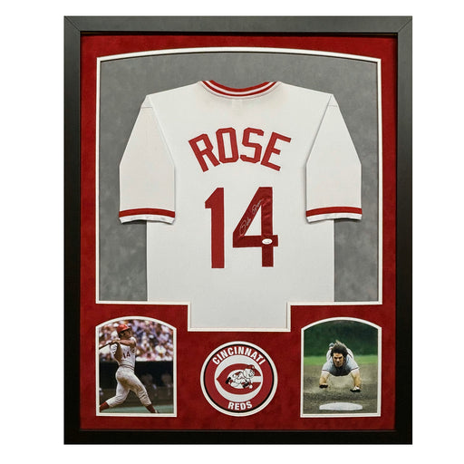 Pete Rose Signed Cincinnati White Custom Suede Matte Framed Baseball Jersey