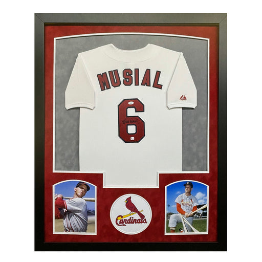 Stan Musial Signed White St. Louis Cardinals Majestic Custom Suede Matte Framed Jersey (JSA)