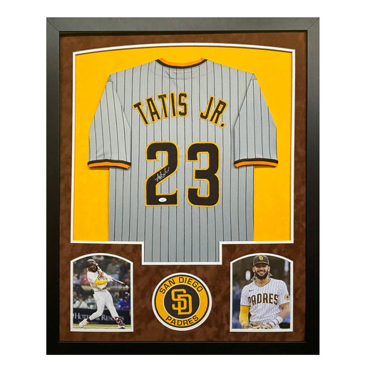 Fernando Tatis Jr Signed San Diego Grey Pinstripe Custom Suede Framed Baseball Jersey