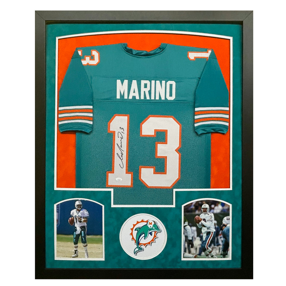 Dan Marino Signed Miami Blue Custom Suede Matte Framed Football Jersey (JSA)