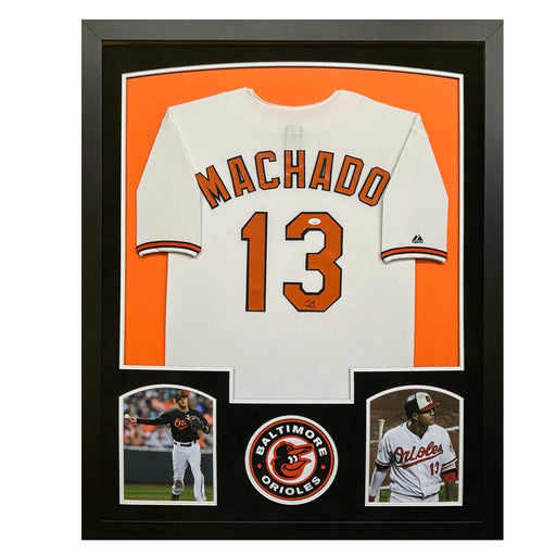 Manny Machado Signed Baltimore White Custom Suede Matte Framed Baseball Jersey (JSA)