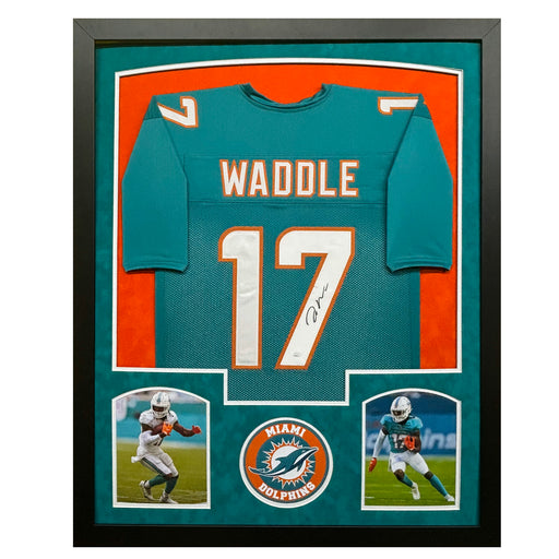 Jaylen Waddle Signed Miami Teal Custom Suede Matte Framed Football Jersey (JSA)