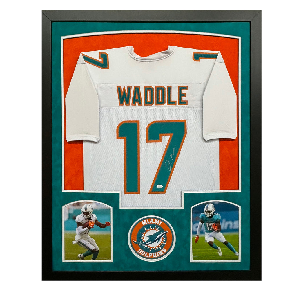 Jaylen Waddle Signed Miami White Custom Suede Matte Framed Football Jersey (JSA)