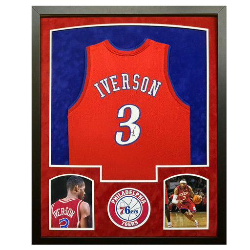 Allen Iverson Signed Philadelphia Red Custom Suede Matte Framed Basketball Jersey (JSA)
