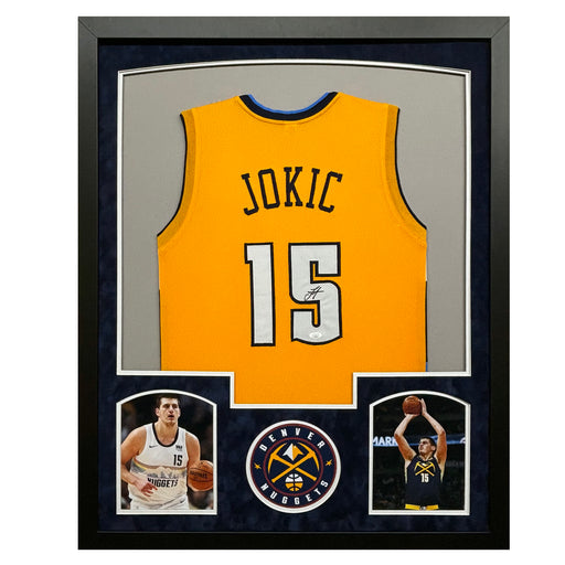 Nikola Jokic Signed Denver Yellow Custom Suede Matte Framed Basketball Jersey (JSA)