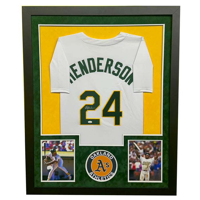 Rickey Henderson Signed Oakland White Custom Double-Suede Framed baseball Jersey (JSA)
