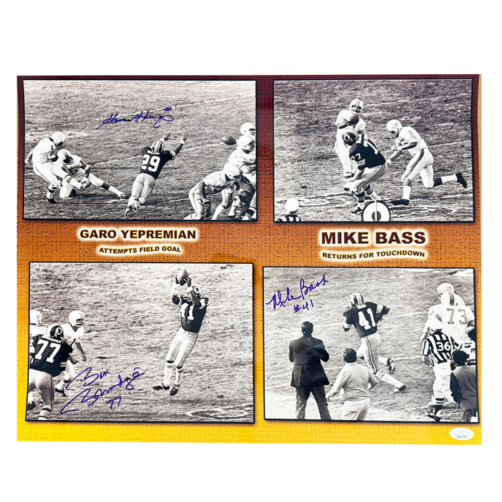 Mike Bass, Bill Brundige and Garo Yepremian Signed Triple Signature Football 16x20 Photo (JSA)