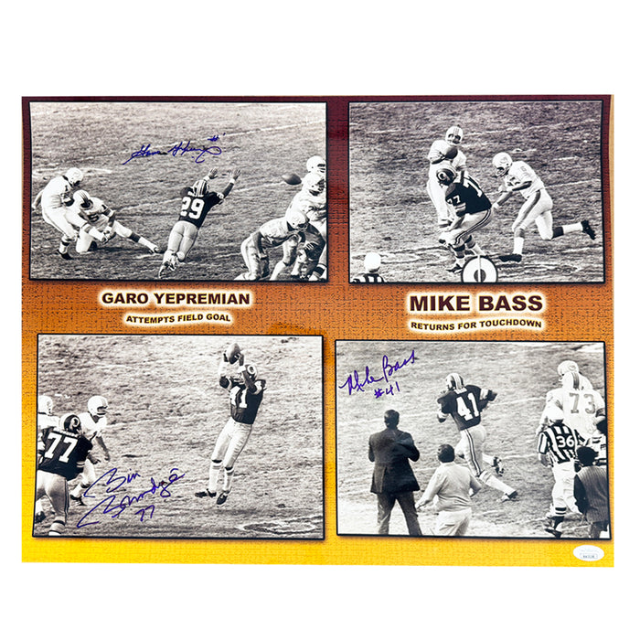 Mike Bass, Bill Brundige and Garo Yepremian Signed Triple Signature Football 16x20 Photo (JSA)