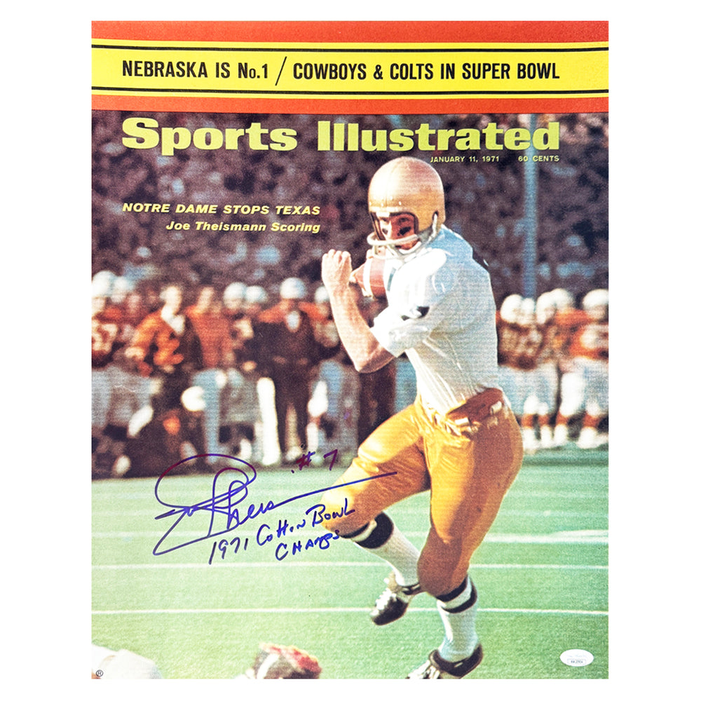 Joe Theismann Signed 1971 Cotton Bowl Champs Inscription Notre Dame College Pose 1 Football 16x20 Photo (JSA)