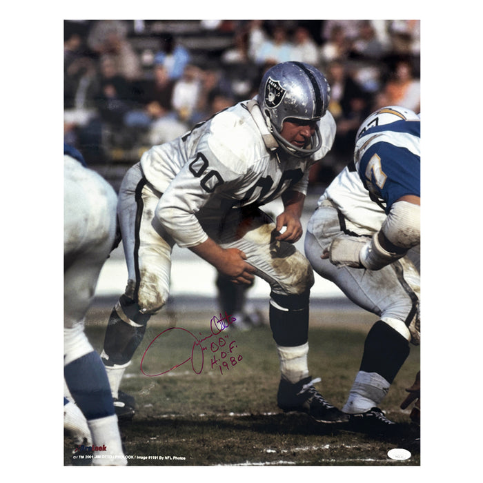 Jim Otto Signed HOF 1980 Inscription Los Angeles Pose 1 Football 16x20 Photo (JSA)