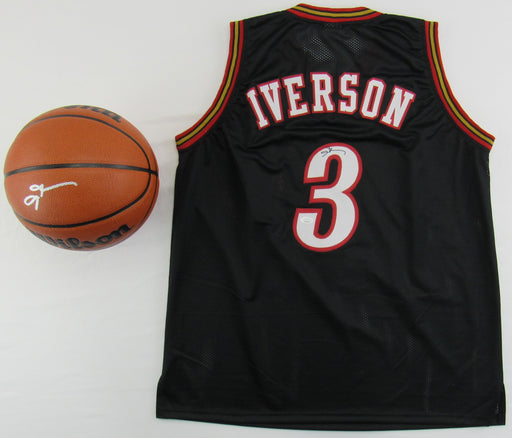 Allen Iverson Signed Replica 76ers Black Jersey & Basketball Lot JSA Witness